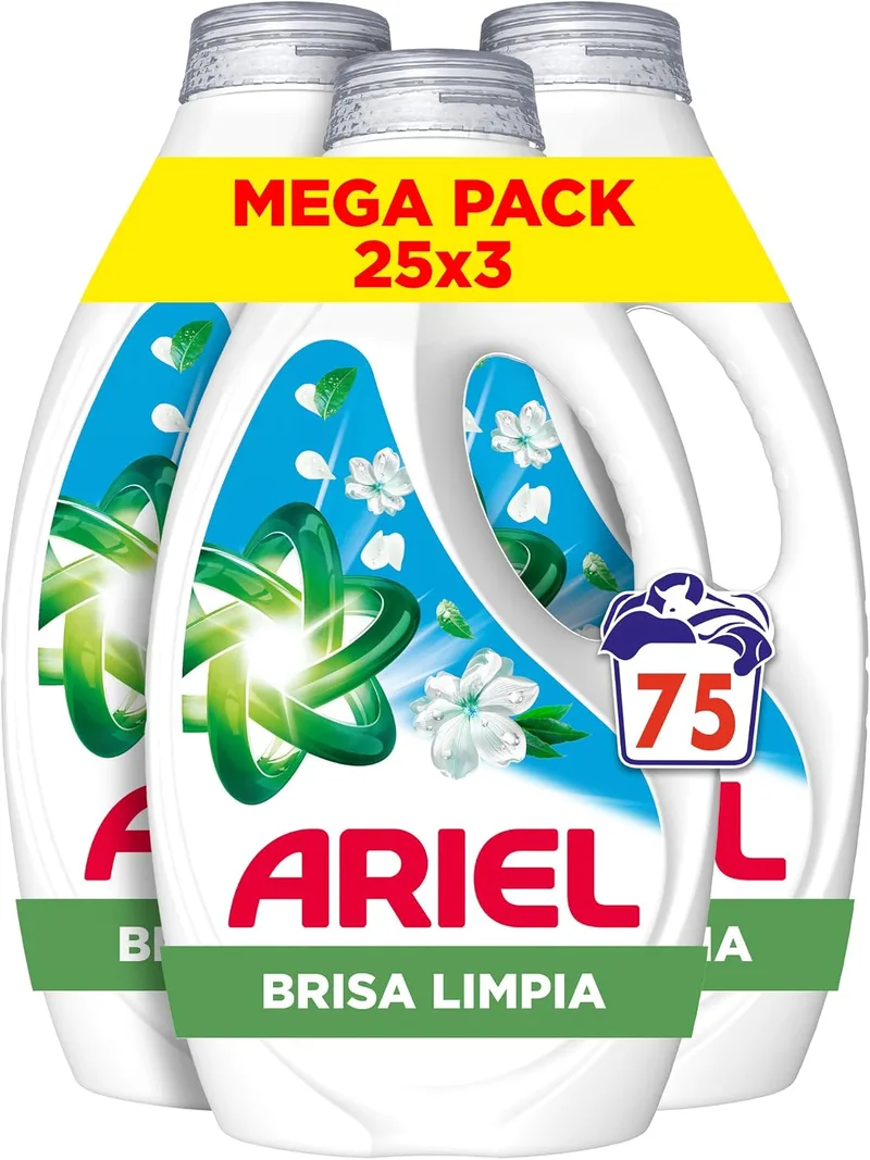 Ariel ▫️ Detergente Líquido para Máquina de Lavar Roupa, Brisa Limpia, 75 lavagens (Embalagem de 3)