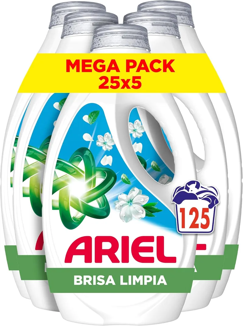 Ariel ▫️ Detergente Líquido para Máquina de Lavar Roupa, Brisa Limpia, 125 lavagens (Embalagem de 5)
