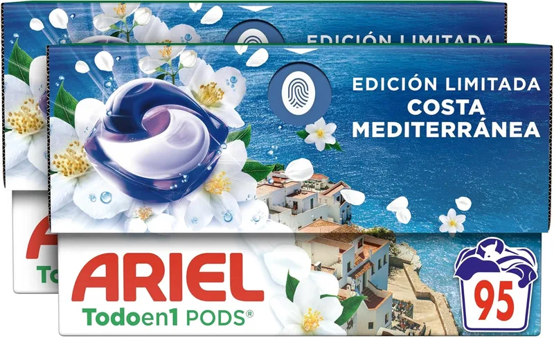 Ariel ▫️ Tudo em 1 PODS Brisa Marina e Jasmim, Detergente Líquido para Máquina de Lavar em Cápsulas, 95 Lavagens, Edição Limitada Costa Mediterrânica