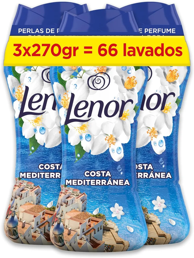 LENOR ▫️ Pérolas Perfumadas para a Roupa, 66 Lavagens (3 x 270 g), Brisa Marinha e Jasmim, Edição Limitada Costa Mediterrânica, Frescura Ininterrompida até 12 Semanas