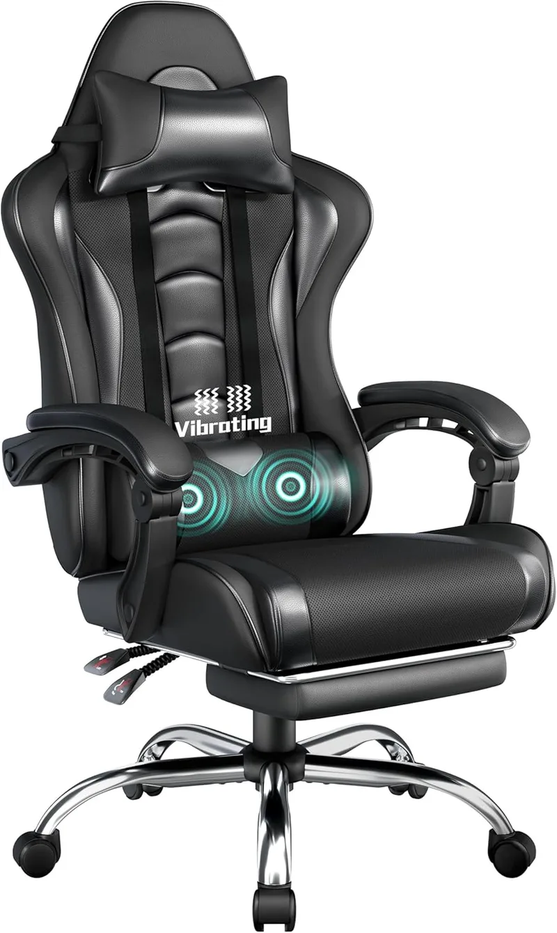 Yaheetech ▫️ Cadeira de gaming com massajador – Cadeira de escritório com apoio para os pés, preta | Cadeira de escritório ergonómica, com apoio lombar e altura ajustável, capacidade máxima de 150 kg