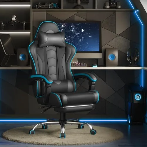 Yaheetech ▫️ Cadeira de jogos com massajador e apoio para os pés, cinzenta 2
