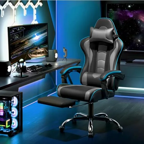 Yaheetech ▫️ Cadeira de jogos com massajador e apoio para os pés, cinzenta 6