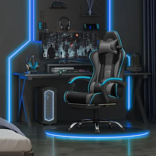 Yaheetech ▫️ Cadeira de jogos com massajador e apoio para os pés, cinzenta 7
