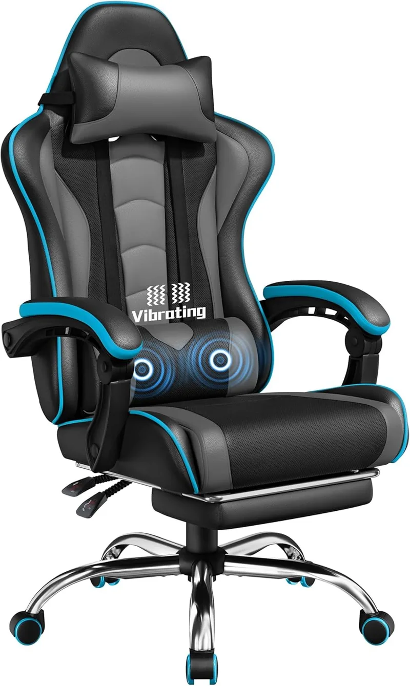 Yaheetech ▫️ Cadeira de jogos com massajador e apoio para os pés, cinzenta