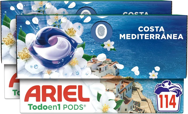 Ariel ▫️ Tudo em 1 PODS Brisa Marina e Jasmim, Detergente Líquido para Máquina de Lavar em Cápsulas, 114 Lavagens, Edição Limitada Costa Mediterrânica