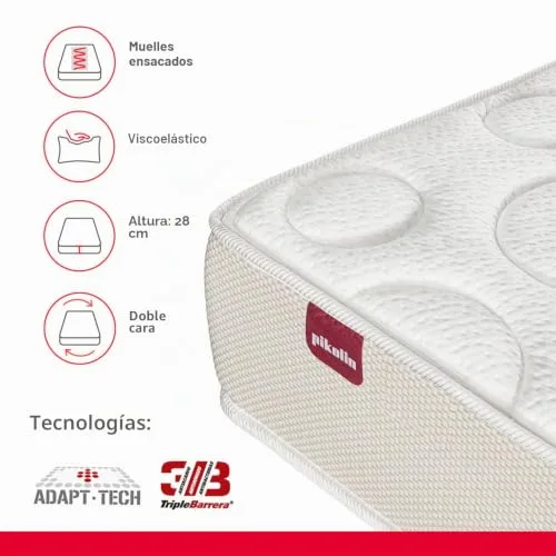 PIKOLIN ▫️ Colchão viscoelástico Premium 150x200 cm - Altura 28 cm - Núcleo de molas ensacadas Extra Confort - Dupla face - Tratamento higiénico de tripla barreira - Fabricado em Espanha - Modelo Shire 5