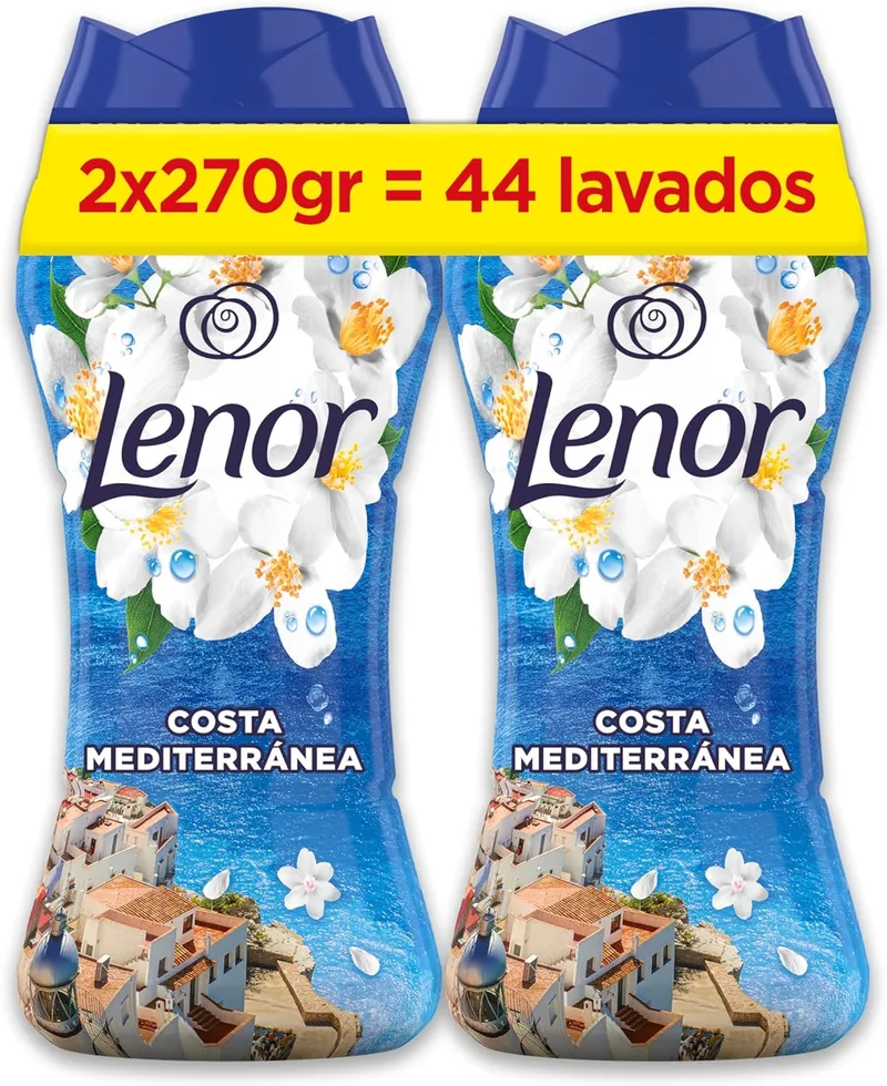 LENOR ▫️ Pérolas de Perfume para Roupa 44 lavagens (2 x 270g), Brisa do Mar e Jasmim, Edição Limitada Costa Mediterrânica, Frescura Ininterrupta até 12 Semanas
