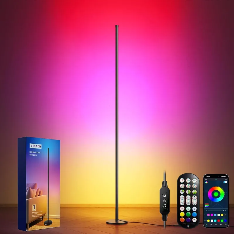 YICAIZI ▫️ Candeeiro de pé LED RGB regulável para sala de estar, 160 cm, com controlo por aplicação e controlo remoto, sincronização de música e temporizador, para decorações de festas.