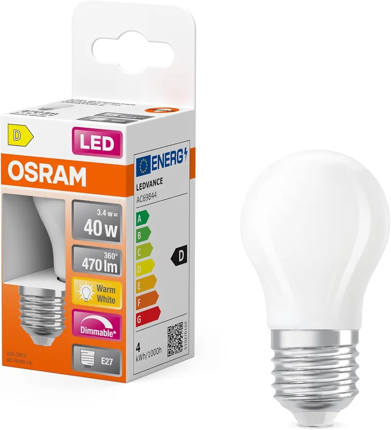 OSRAM ▫️ LED Superstar P40 Globe Filament dimmable, 2700 K branco quente, 3.4 W, E27, mate, 470 lm, 15,000 h, para luminárias de mesa e pendentes, sem brilho.
