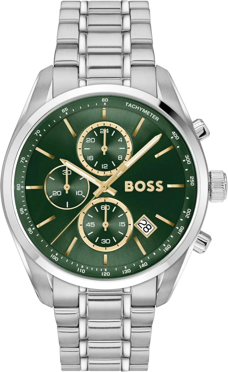Relógio cronógrafo de quartzo BOSS Grand Prix Collection 44 para homem com calendário em aço inoxidável ou bracelete em pele