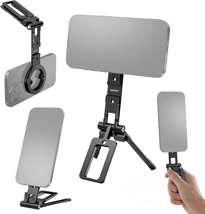 NEEWER ▫️ Tripé magnético duplo para telemóvel, suporte metálico com rosca de 1/4", base «cold shoe» e tipo «Arca», compatível com MagSafe, iPhone, Samsung, Huawei e Android para gravação de vídeo, PA098