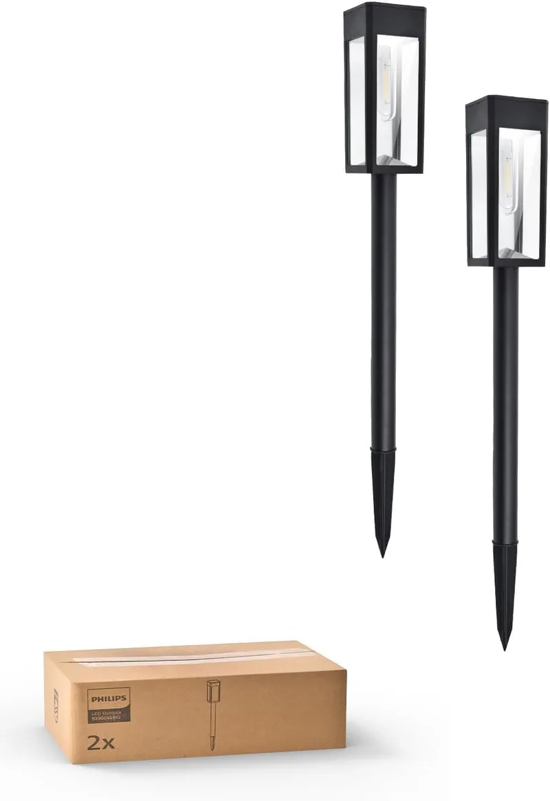 Philips ▫️ Conjunto de 2 candeeiros solares para becos - Iluminação paisagística LED para jardim, em vidro e metal, 3000 K, cor branca quente, à prova de água, para decoração de pátios, becos e terraços