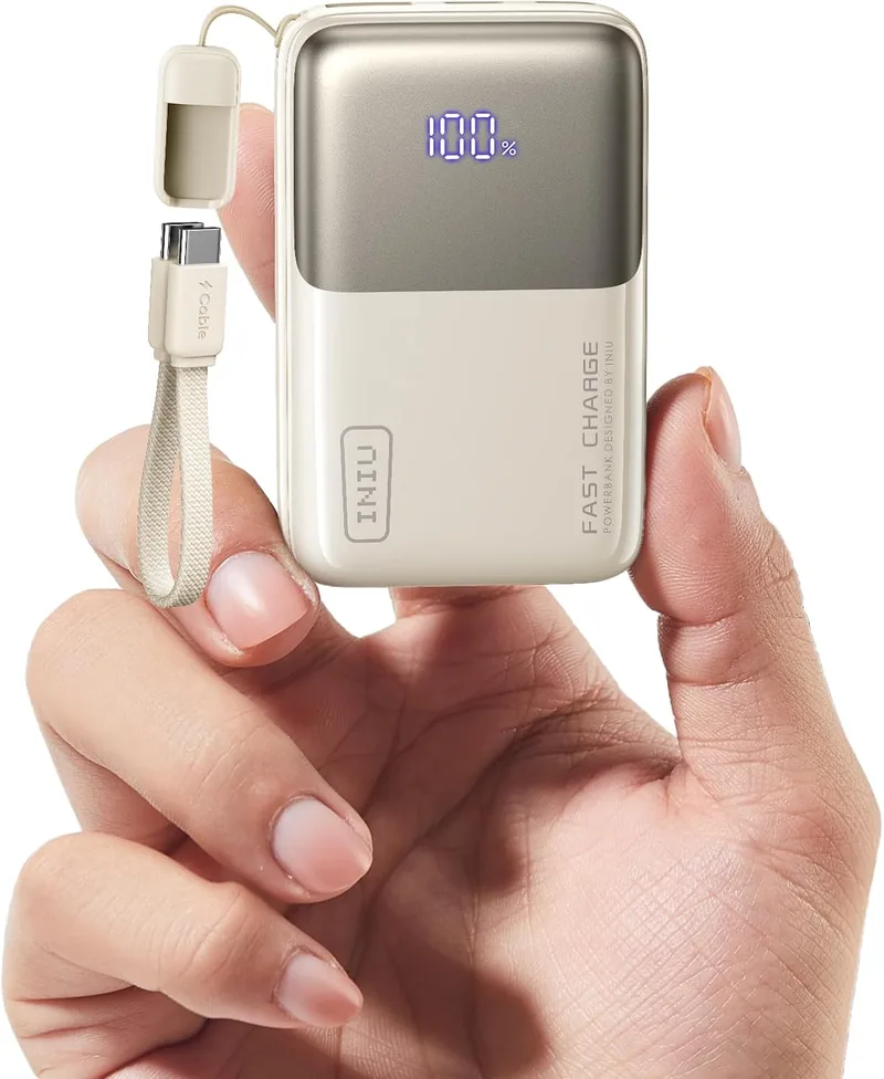 INIU ▫️ Power Bank, Ultra Mini 45 W, Carregamento Rápido, 10 000 mAh, Bateria Externa com Cabo USB-C Desmontável, Adequado para Viagens de Avião e Artigos Essenciais de Viagem, Bateria Portátil para iPhone 17, 16 e Xiaomi, Branco Claro