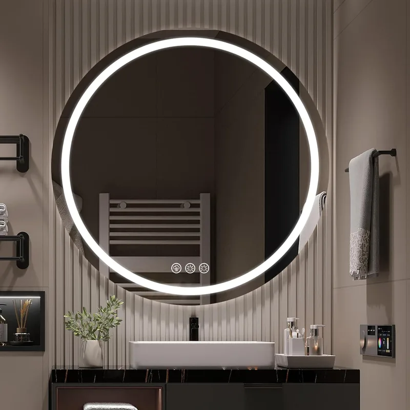 Ratsamee ▫️ Espelho de casa de banho com luz redondo 70cm, espelho de casa de banho LED com anti-embaciamento, regulável, luz de 3 cores, função de memória