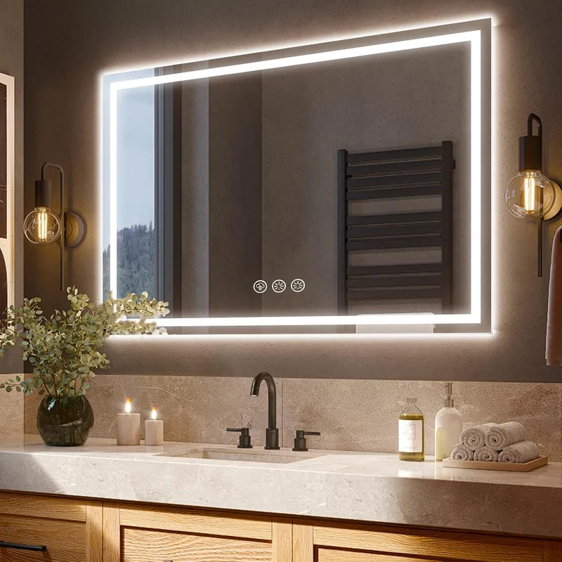 Ratsamee ▫️ Espelho de casa de banho com luz, 70 x 100 cm, espelhos de casa de banho com LED e sistema antiembaciamento, intensidade regulável, 3 cores de luz, função de memória