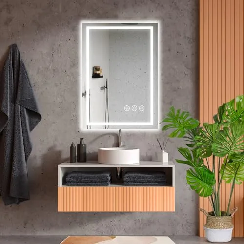 Ratsamee ▫️ Espelho de casa de banho com luz, 50 x 70 cm, espelhos de casa de banho com LED e sistema antiembaciamento, intensidade regulável, 3 cores de luz, função de memória 2