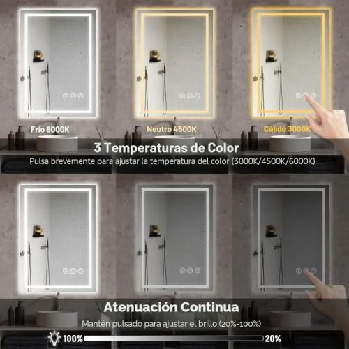 Ratsamee ▫️ Espelho de casa de banho com luz, 50 x 70 cm, espelhos de casa de banho com LED e sistema antiembaciamento, intensidade regulável, 3 cores de luz, função de memória 4