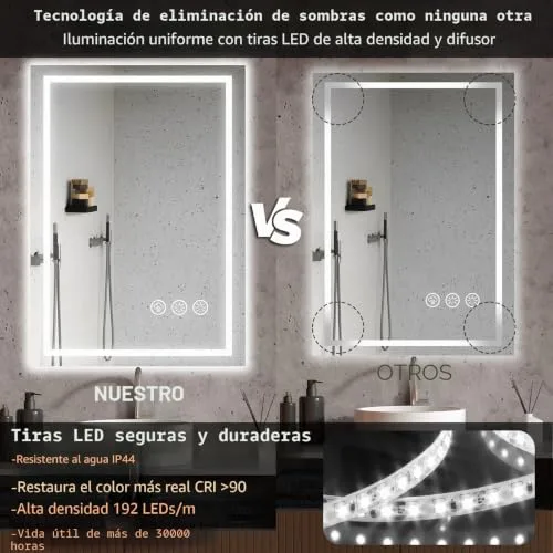 Ratsamee ▫️ Espelho de casa de banho com luz, 50 x 70 cm, espelhos de casa de banho com LED e sistema antiembaciamento, intensidade regulável, 3 cores de luz, função de memória 6