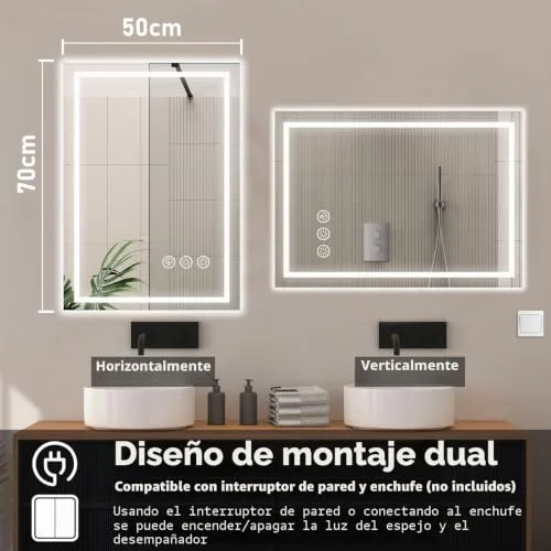 Ratsamee ▫️ Espelho de casa de banho com luz, 50 x 70 cm, espelhos de casa de banho com LED e sistema antiembaciamento, intensidade regulável, 3 cores de luz, função de memória 7