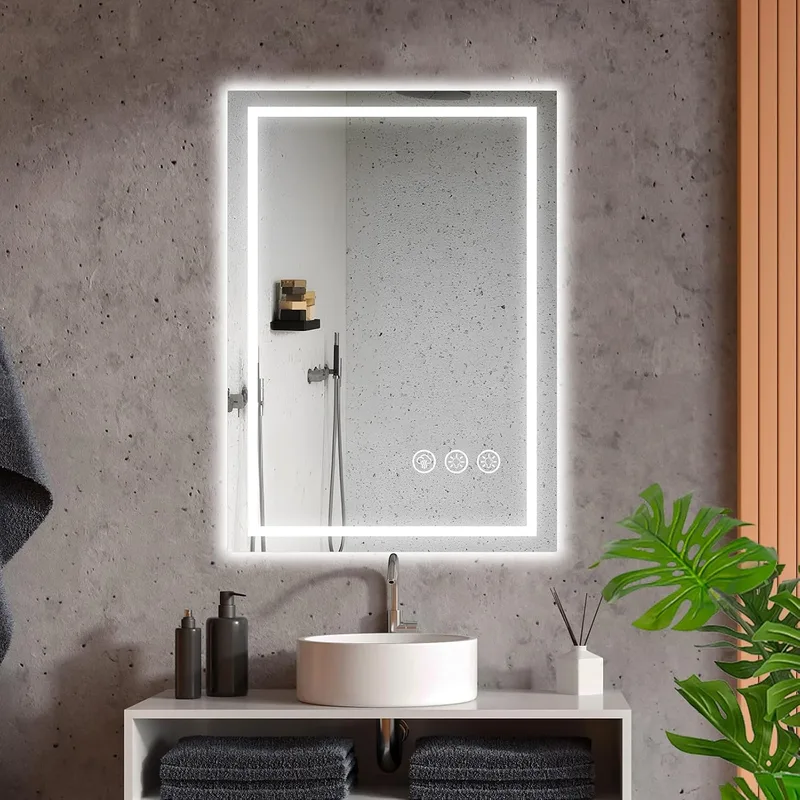 Ratsamee ▫️ Espelho de casa de banho com luz, 50 x 70 cm, espelhos de casa de banho com LED e sistema antiembaciamento, intensidade regulável, 3 cores de luz, função de memória