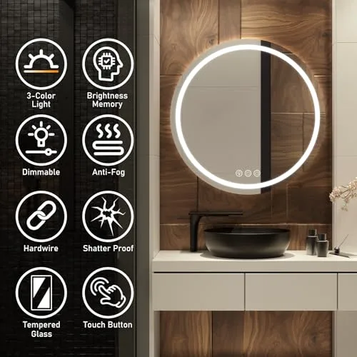 Simusi ▫️ Espelho de casa de banho com LED de 60 cm e luz redonda, 3 cores de luz, antiembaciamento 3