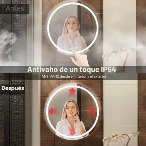 Simusi ▫️ Espelho de casa de banho com LED de 60 cm e luz redonda, 3 cores de luz, antiembaciamento 5