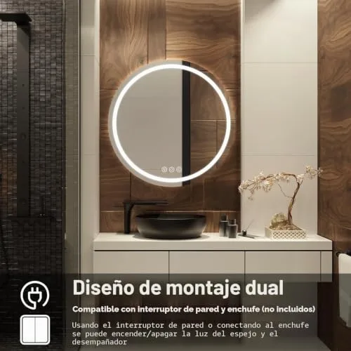 Simusi ▫️ Espelho de casa de banho com LED de 60 cm e luz redonda, 3 cores de luz, antiembaciamento 6