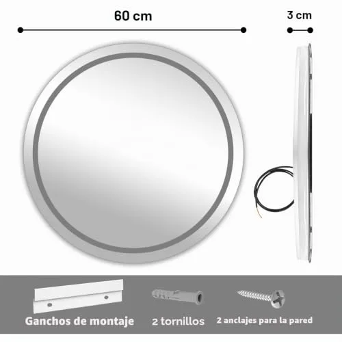 Simusi ▫️ Espelho de casa de banho com LED de 60 cm e luz redonda, 3 cores de luz, antiembaciamento 7