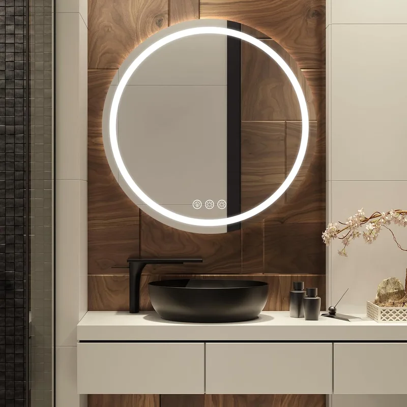 Simusi ▫️ Espelho de casa de banho com LED de 60 cm e luz redonda, 3 cores de luz, antiembaciamento