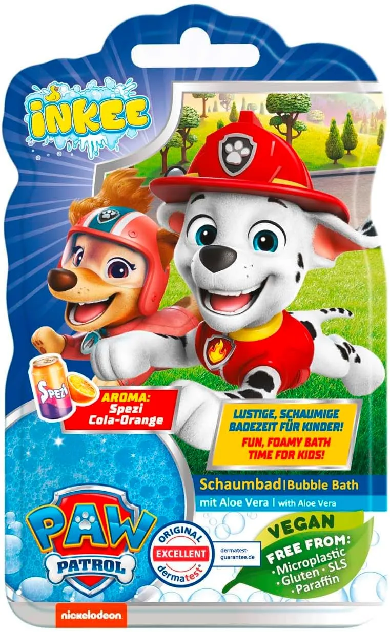 INKEE ▫️ Sabonete líquido para o banho Paw Patrol - Aditivo para o banho das crianças, sabonete líquido azul Paw Patrol com aloé vera, sabor a cola e laranja, 40 g