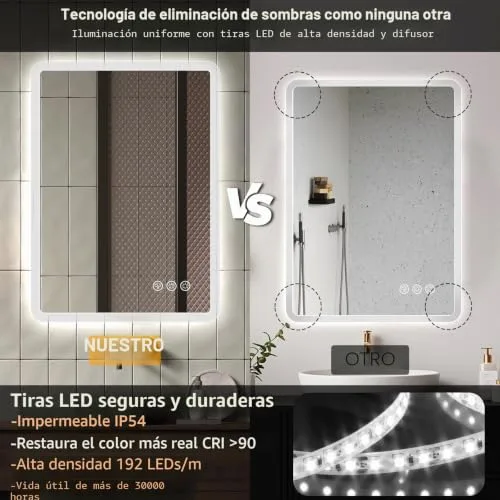 Ratsamee ▫️ Espelho de casa de banho com luz, 50 x 70 cm, espelhos de casa de banho com LED e antiembaciamento, intensidade regulável, 3 cores de luz, função de memória 6