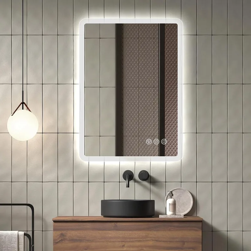 Ratsamee ▫️ Espelho de casa de banho com luz, 50 x 70 cm, espelhos de casa de banho com LED e antiembaciamento, intensidade regulável, 3 cores de luz, função de memória