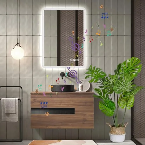 Ratsamee ▫️ Espelho de casa de banho Bluetooth com luz, 50 x 70 cm, espelhos de casa de banho com LED e função antiembaciamento, regulável, 3 cores de luz, função de memória 2