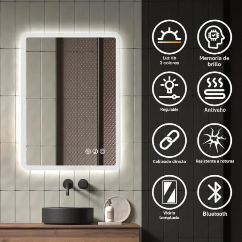 Ratsamee ▫️ Espelho de casa de banho Bluetooth com luz, 50 x 70 cm, espelhos de casa de banho com LED e função antiembaciamento, regulável, 3 cores de luz, função de memória 3