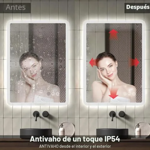 Ratsamee ▫️ Espelho de casa de banho Bluetooth com luz, 50 x 70 cm, espelhos de casa de banho com LED e função antiembaciamento, regulável, 3 cores de luz, função de memória 5