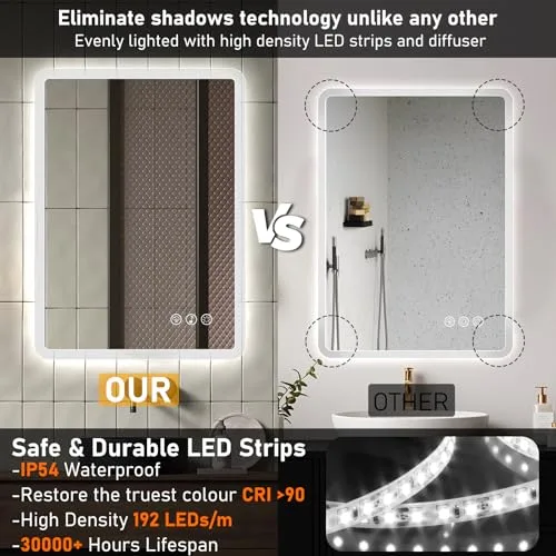 Ratsamee ▫️ Espelho de casa de banho Bluetooth com luz, 50 x 70 cm, espelhos de casa de banho com LED e função antiembaciamento, regulável, 3 cores de luz, função de memória 6