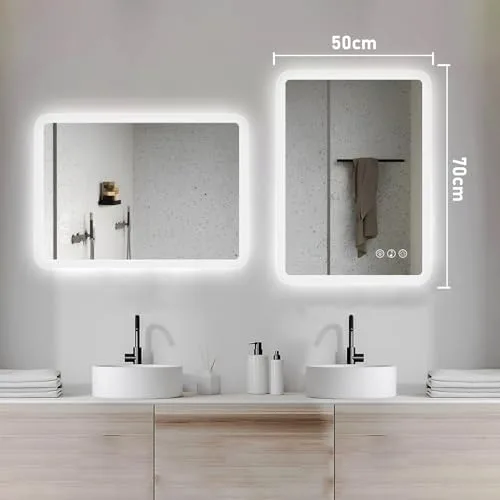 Ratsamee ▫️ Espelho de casa de banho Bluetooth com luz, 50 x 70 cm, espelhos de casa de banho com LED e função antiembaciamento, regulável, 3 cores de luz, função de memória 7