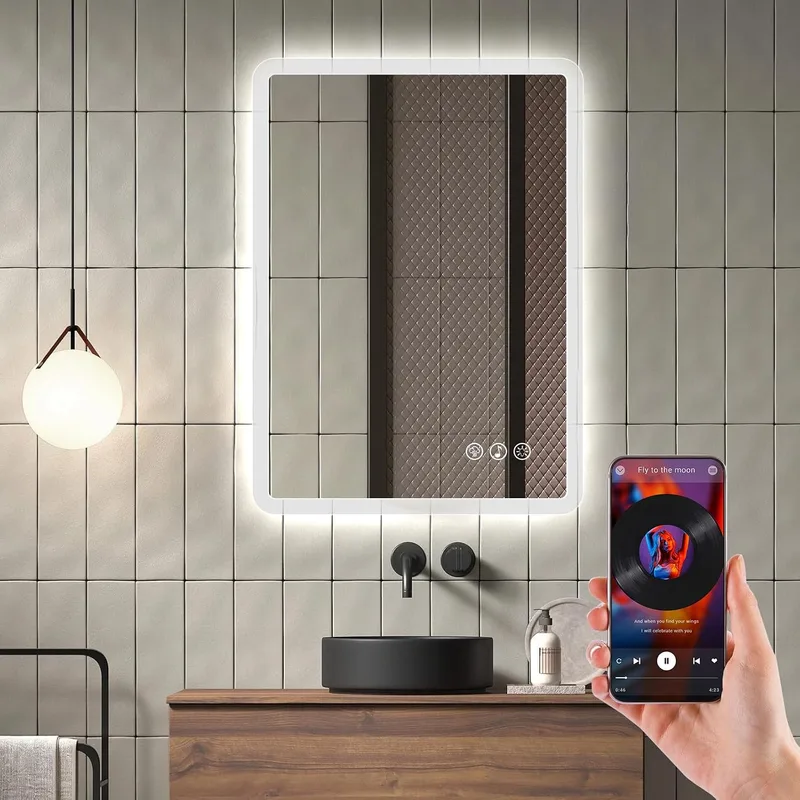 Ratsamee ▫️ Espelho de casa de banho Bluetooth com luz, 50 x 70 cm, espelhos de casa de banho com LED e função antiembaciamento, regulável, 3 cores de luz, função de memória