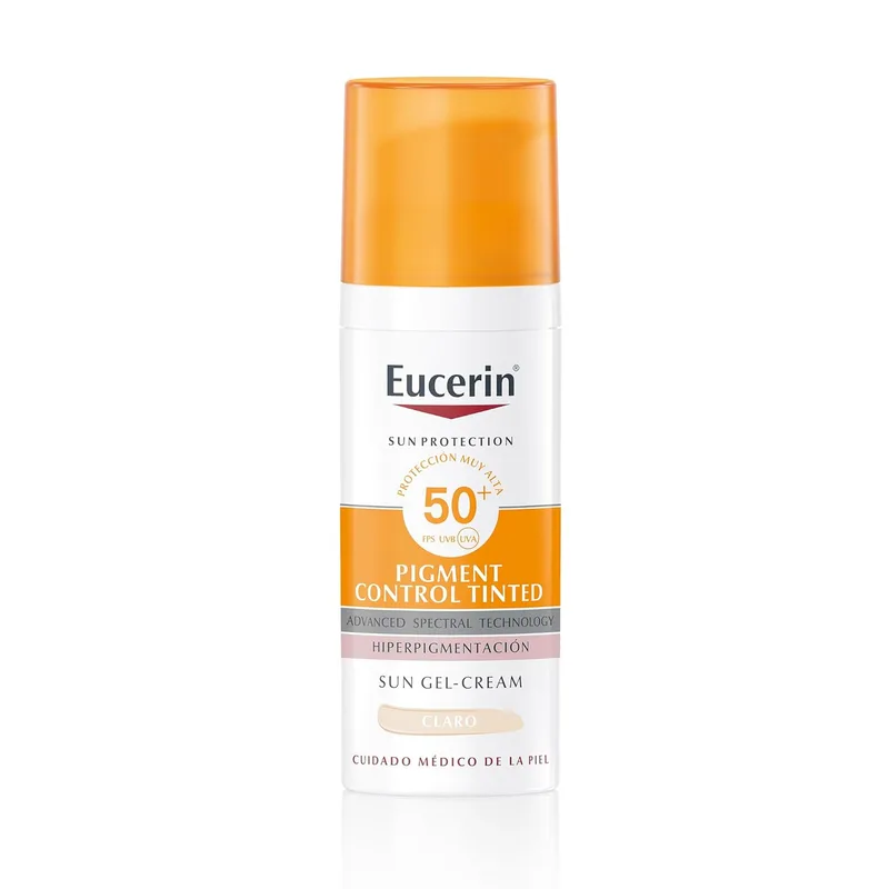 Eucerin Sun Pigment Control SPF 50+ com cor de tom claro (50 ml), protetor solar SPF 50+ com filtros UVA/UVB, proteção solar contra as manchas solares, cor de creme solar para todos os tipos de pele.