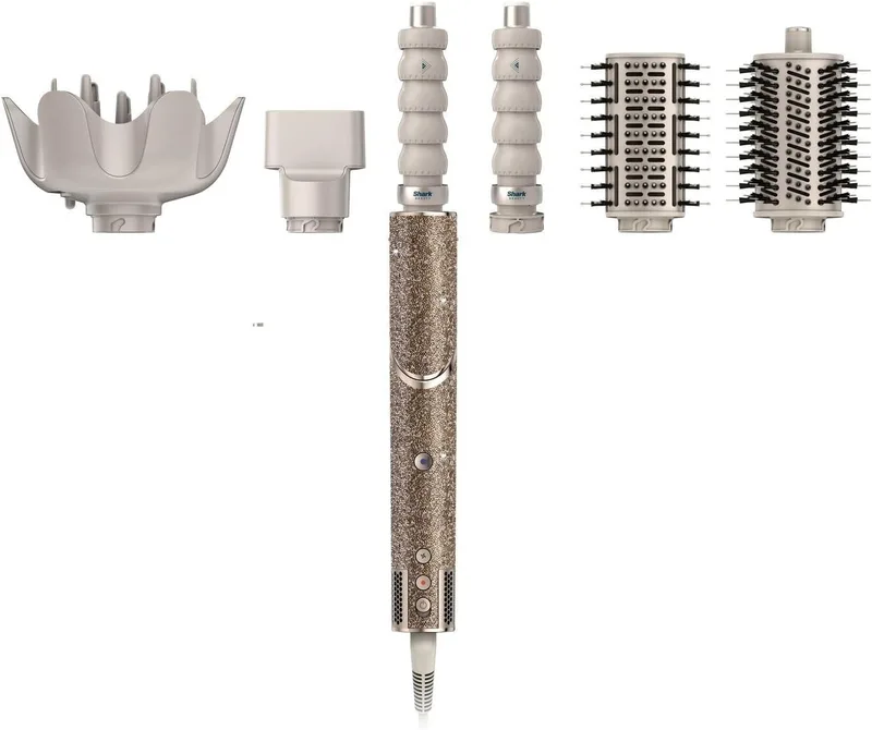 Shark ▫️ FlexStyle Sparkle Edição Limitada Diamante Dourado 5 em 1 - Alisador de cabelo com ferro de frisar, escova de pás, escova oval, concentrador, difusor, caixa de arrumação, sem danos por