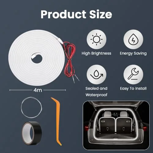 vsshe ▫️ Faixa LED dinâmica para a bagageira do carro, universal e com ativação automática por sensor de indução – Acessório de iluminação, luzes de ambiente em néon, para sedans, SUV e camiões (branco, 4 m) 2