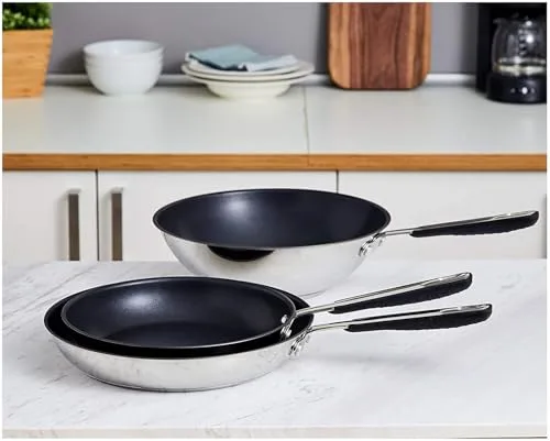 Amazon Basics ▫️ Conjunto de 3 peças em aço inoxidável antiaderente com revestimento cerâmico, frigideiras de 24 cm e 28 cm, e wok de 28 cm 4