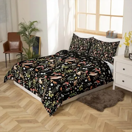 Homewish ▫️ Conjunto de capa de edredão com padrão floral vintage de 140 x 200 cm, conjunto de cama com animais selvagens fofos para meninos e meninas, conjuntos de capas de edredão, design com coruja, coelho e raposa, colcha com padrão de flores de jardim 2