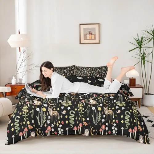 Homewish ▫️ Conjunto de capa de edredão com padrão floral vintage de 140 x 200 cm, conjunto de cama com animais selvagens fofos para meninos e meninas, conjuntos de capas de edredão, design com coruja, coelho e raposa, colcha com padrão de flores de jardim 3