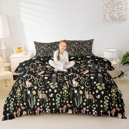 Homewish ▫️ Conjunto de capa de edredão com padrão floral vintage de 140 x 200 cm, conjunto de cama com animais selvagens fofos para meninos e meninas, conjuntos de capas de edredão, design com coruja, coelho e raposa, colcha com padrão de flores de jardim 4