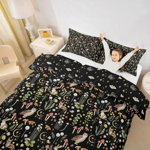 Homewish ▫️ Conjunto de capa de edredão com padrão floral vintage de 140 x 200 cm, conjunto de cama com animais selvagens fofos para meninos e meninas, conjuntos de capas de edredão, design com coruja, coelho e raposa, colcha com padrão de flores de jardim 5