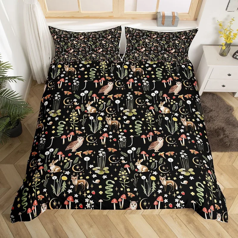 Homewish ▫️ Conjunto de capa de edredão com padrão floral vintage de 140 x 200 cm, conjunto de cama com animais selvagens fofos para meninos e meninas, conjuntos de capas de edredão, design com coruja, coelho e raposa, colcha com padrão de flores de jardim