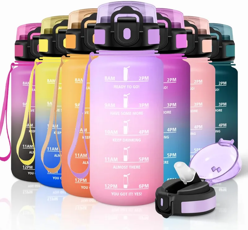 Motswedi ▫️ Garrafa de Água para Crianças, 500 ml com Palhinha, Garrafa de Água, À Prova de Fugas, Cantil, com Marca de Tempo, Cantil Infantil para Crianças, Ginásio, Escola, Escritório, Violeta Claro e Rosa Claro