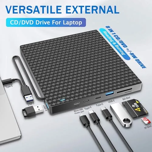 Kadlun ▫️ Leitor externo de CD/DVD, Gravador externo de DVD com USB 3.0 e Type-C, Leitor externo de disquetes com USB, Leitor portátil de CD/DVD +/- RW, Unidades externas de DVD/CD para PC/portátil/Linux/Windows 11/10/8/Mac/computadores de secretária 2
